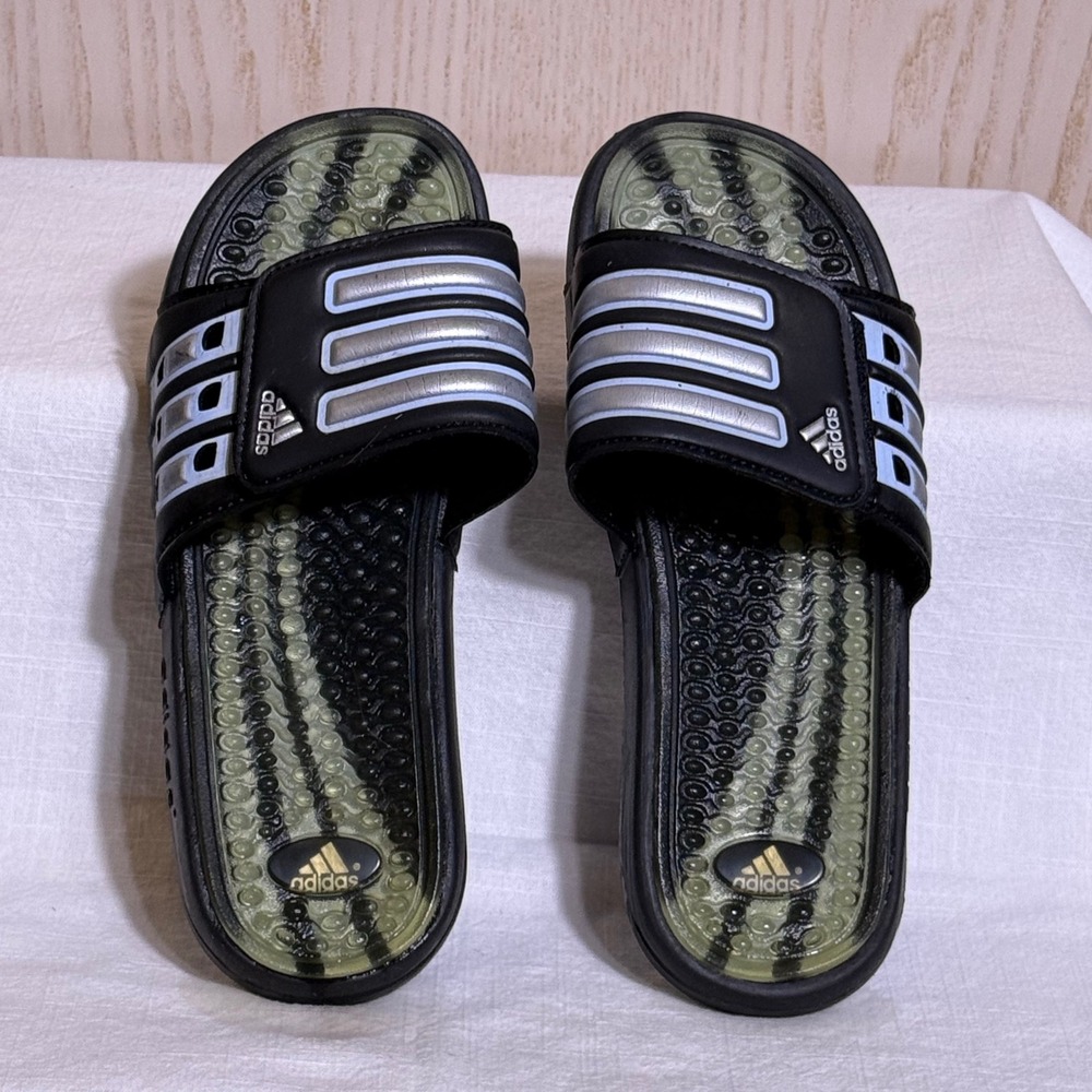 Adidas‎ 5W Adissage Slides Black Silver Massage Footbed Athletic Sandals